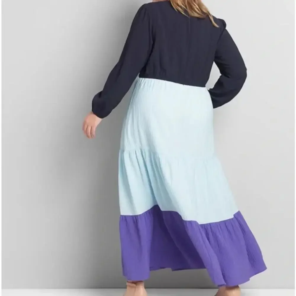 Lane Bryant Tiered Crepe Maxi Dress Blue Colorblock Long Sleeves v neck Sz 22P - Picture 2 of 10